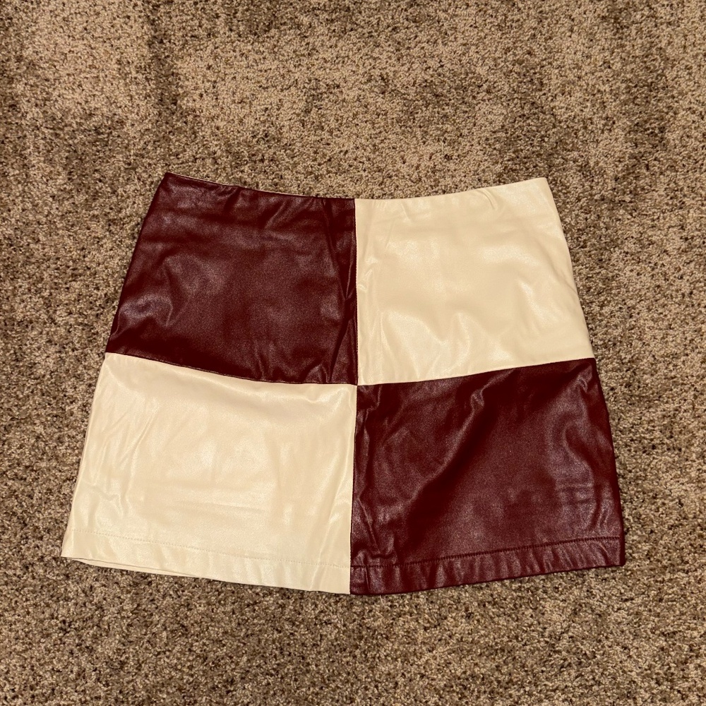 Maroon and Cream Checker Leather Skirt